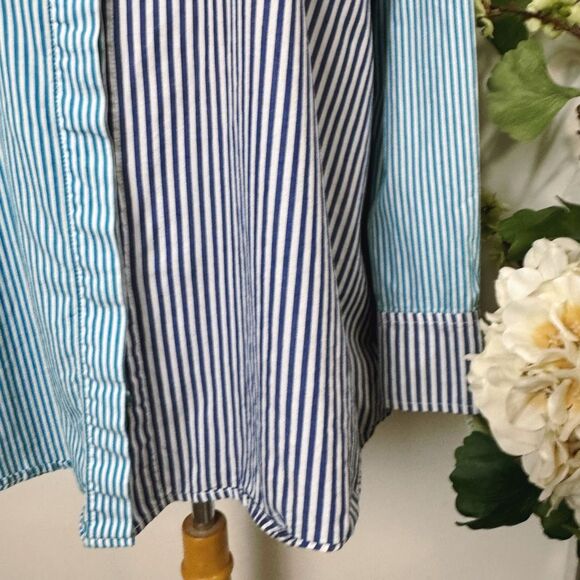 Anthropologie Bardot Spliced Boyfriend Shirt | Blue Stripe Contrast Button-Down - Picture 6 of 12